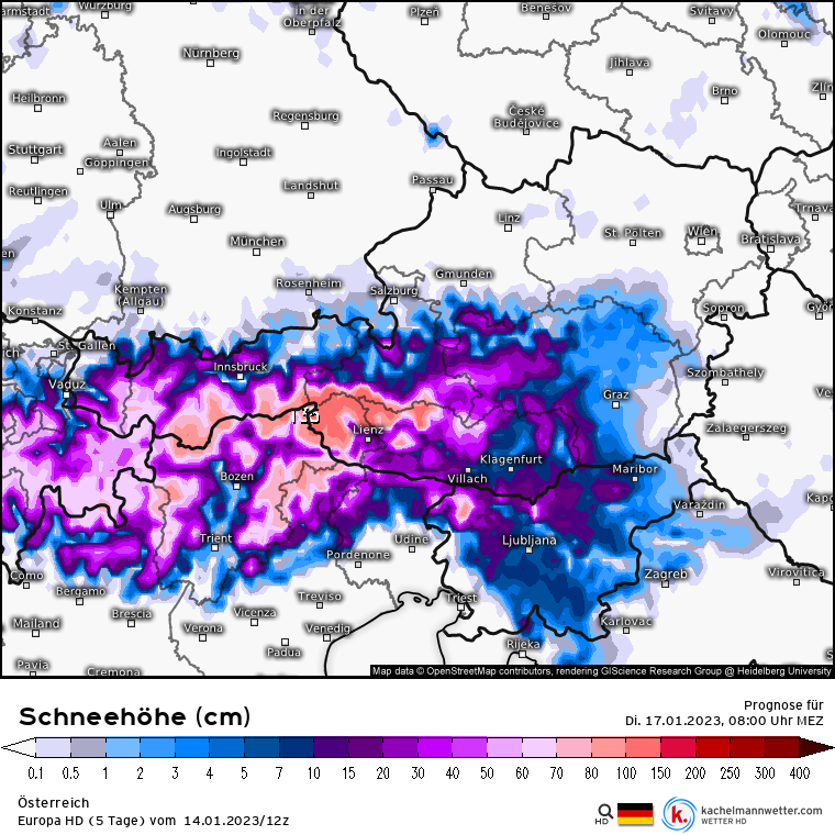 Prognostizierte Schneehöhe am Dienstagvormittag. Im Flachland bleibt nichts liegen.
