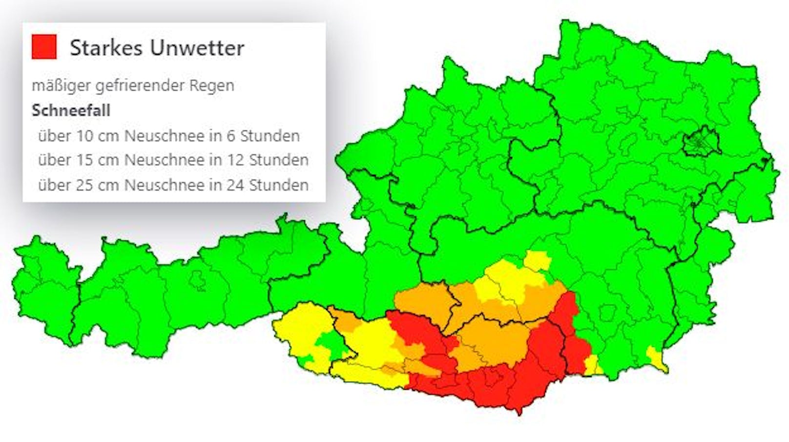 Heftige Schneefälle werden erwartet. Im Süden Österreichs gilt bis 16. Jänner 2023 Warnstufe Rot.