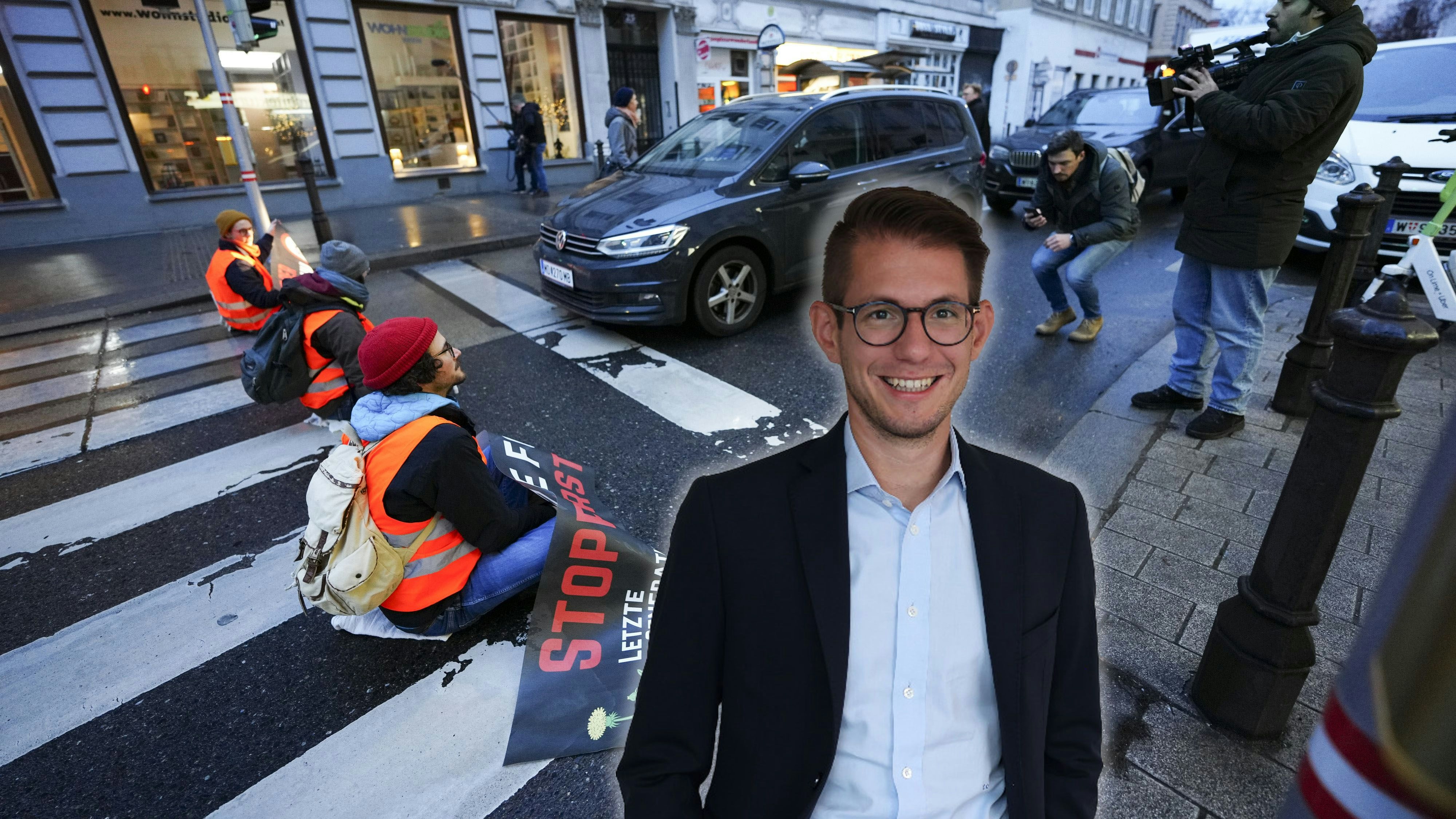 Download von www.picturedesk.com am 10.01.2023 (10:35).  ABD0034_20230109 - WIEN - ÷STERREICH: ZU APA0064 VOM 9.1.2023 - Klimaaktivistinnen und -aktivisten der Organisation "Letzte Generation" haben Montag, 9. J‰nner 20223, ihre angek¸ndigte Aktionswoche in Wien gestartet und Straﬂen vor Schulen blockiert. Im Bild: Eine Straﬂenblockade in Wien-Neubau. - FOTO: APA/EVA MANHART - 20230109_PD1322 - Rechteinfo: Rights Managed (RM)