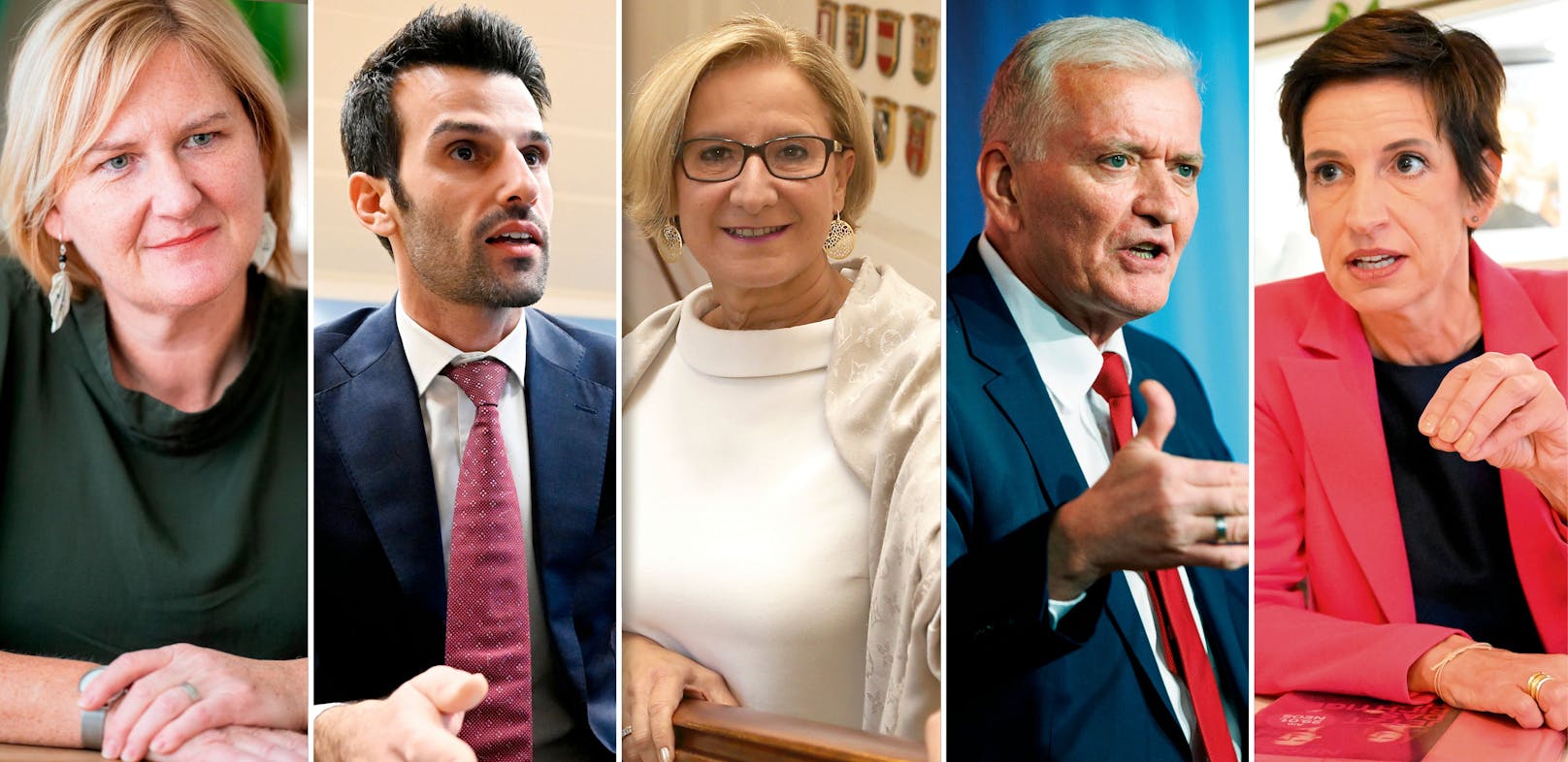 Spitzenkandidaten der Landtagswahl 2023 in Niederösterreich: Helga Krismer, Udo Landbauer, Johanna Mikl-Leitner, Franz Schnabl und Indra Collini kämpfen um die Wähler-Gunst.