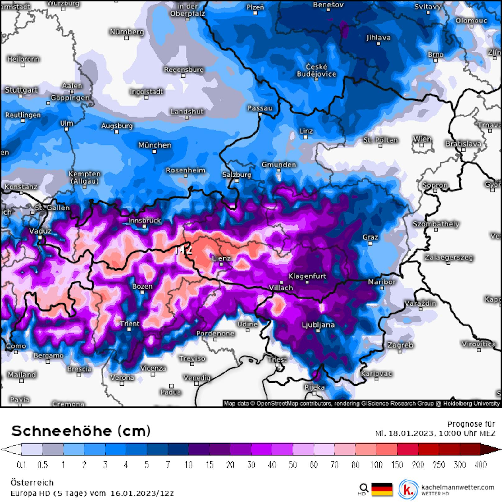 Erwartete Schneehöhen in Österreich am Mittwoch (18.1.2023), 10 Uhr.