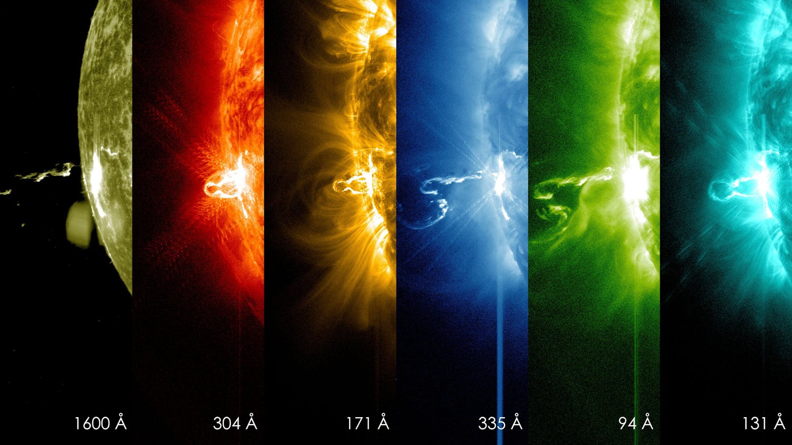 So sieht eine Sonneneruption in verschiedenen Wellenlängen des sichtbaren Lichtspektrums aus. Aufgenommen am 24. Feburar 2014.