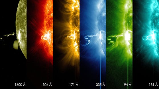 So sieht eine Sonneneruption in verschiedenen Wellenlängen des sichtbaren Lichtspektrums aus. Aufgenommen am 24. Feburar 2014.