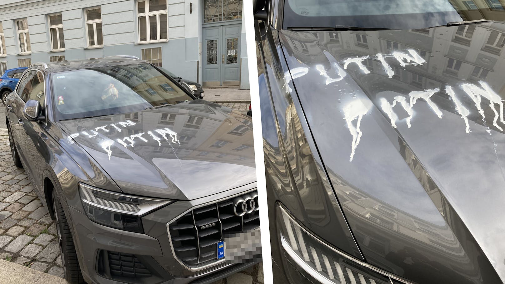 Das ukrainische Auto wurde übers Wochenende mit nicht abwaschbarer Farbe beschmiert.