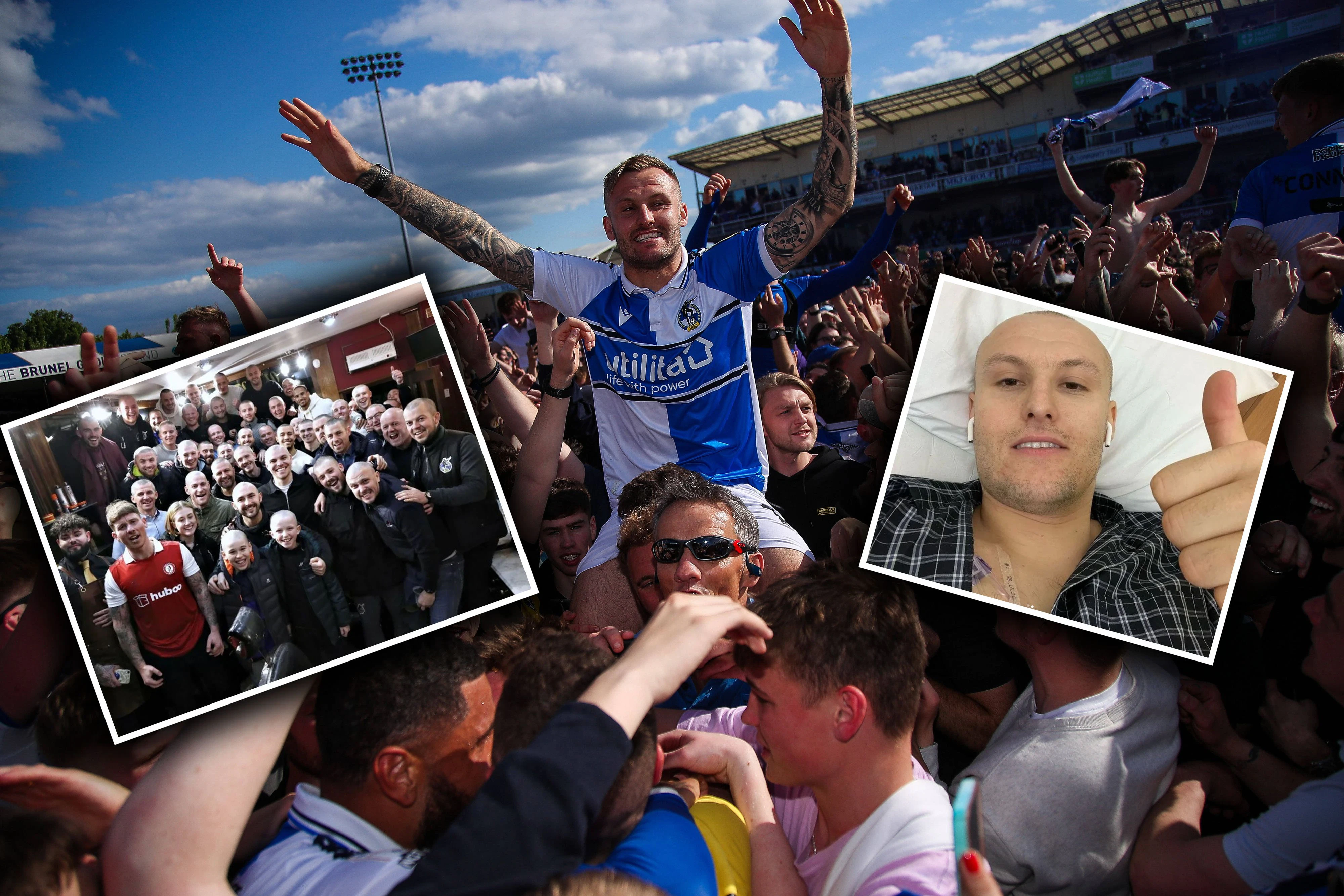 Die Bristol-Rovers-Spieler präsentieren ihre rasierten Haare.