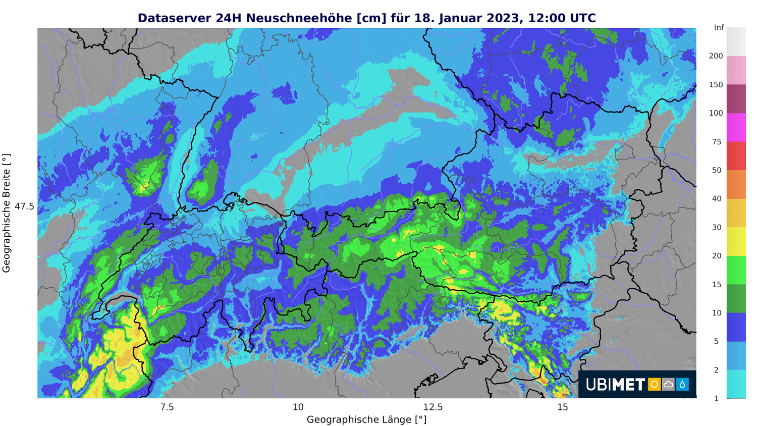 Prognose der Neuschneesumme über 24 Stunden bis Mittwochmittag