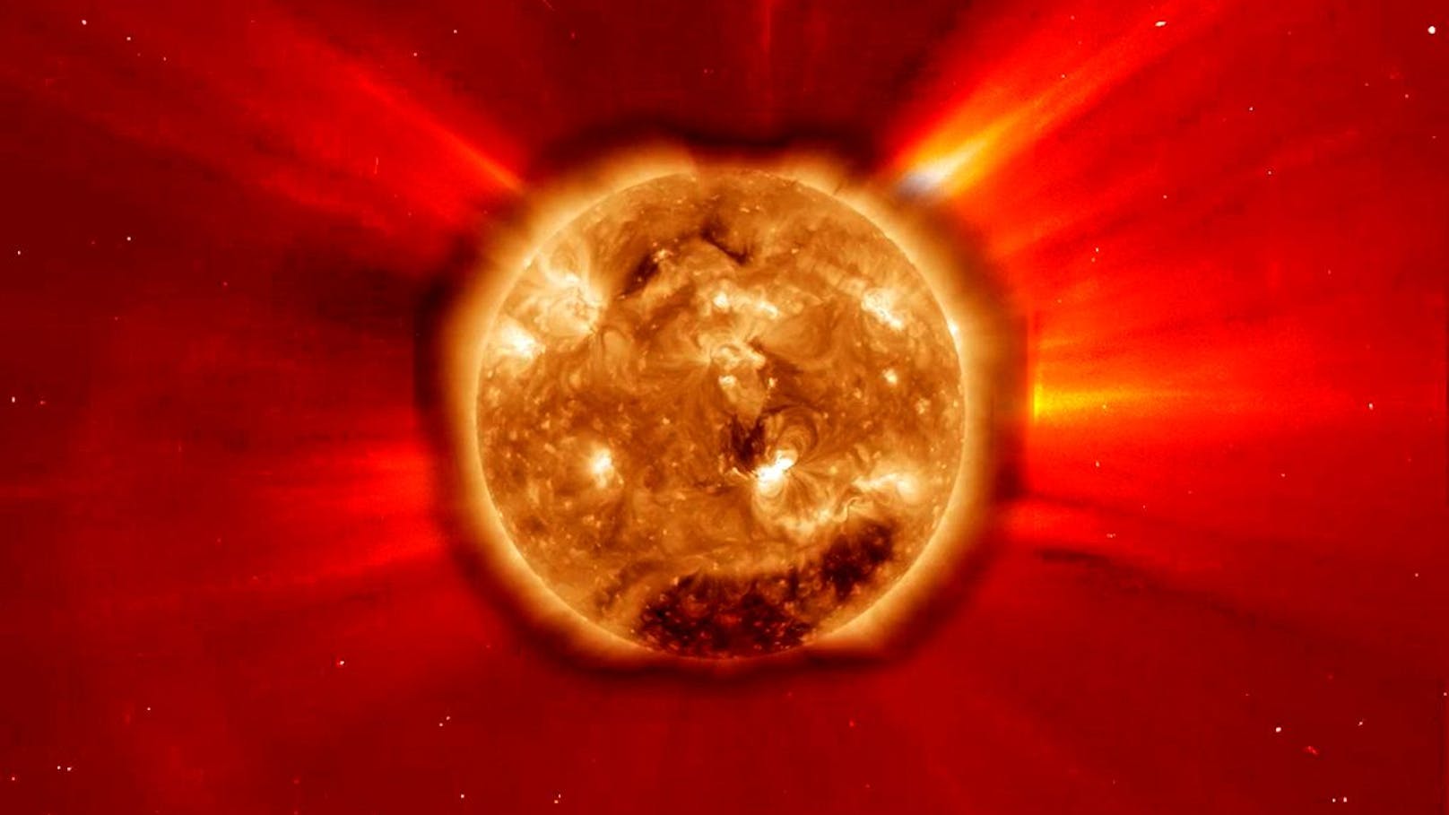 Eine riesige Sonneneruption im Februar 2011. Für dieses NASA-Bild wurde ein Koronograph mit einer Aufnahme im extremen Ultraviolett-Spektrum des Solar Dynamics Observatory kombiniert.