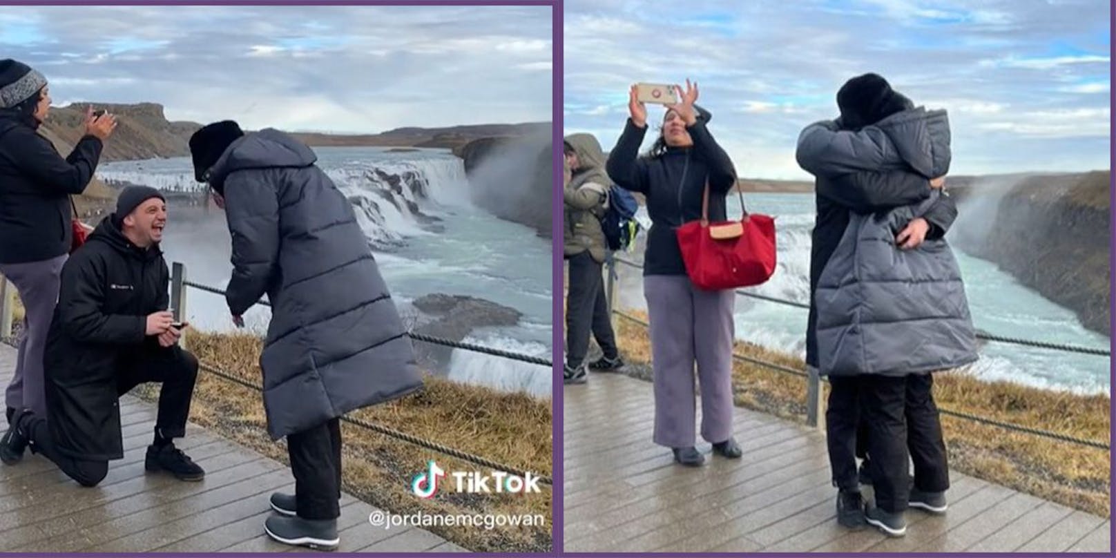 In aller Seelenruhe steigt die Touristin über das Bein des Mannes, der seiner Freundin gerade einen Heiratsantrag macht –&nbsp;nur um ihr Foto vom Wasserfall zu bekommen.