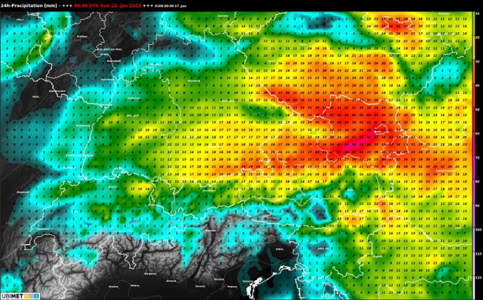 Prognose der Niederschlagsmenge über 24 Stunden für Samstag, den 21.01.2023 nach dem ICON-Model.