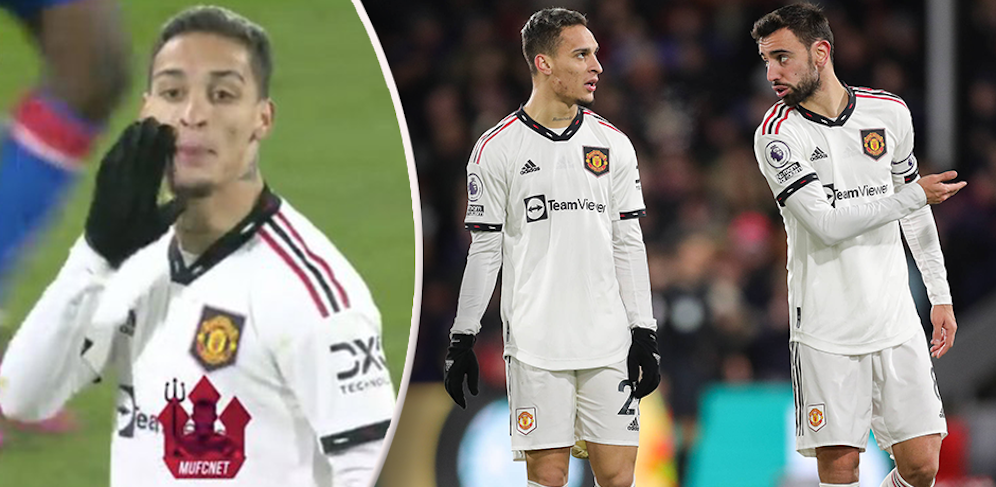 Antony und Bruno Fernandes diskutierten während dem Remis von Manchester United gegen Crystal Palace. 