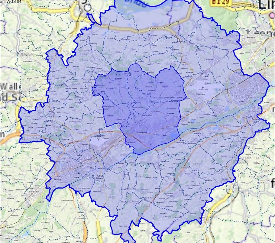 Der stark umrandete innere Bereich stellt die Schutzzone dar, der äußere Bereich stellt die Überwachungszone dar.