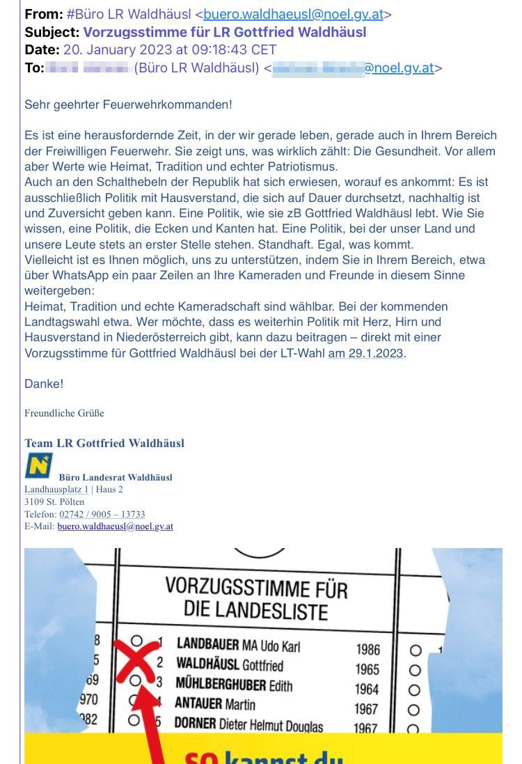 Die E-Mail von Waldhäusl erging an alle Kommanden der nö. Feuerwehren.