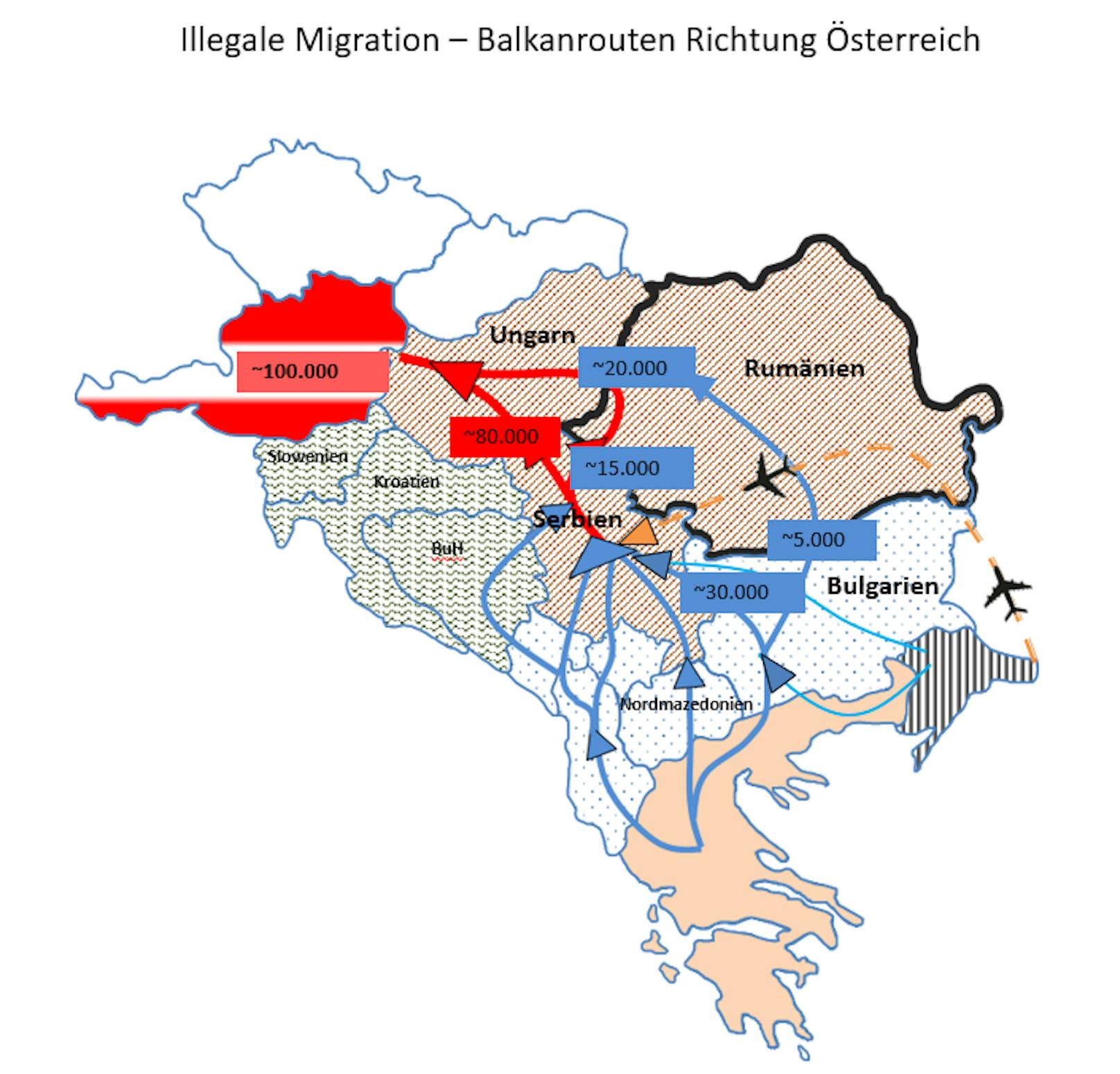 Eine vom Bundeskanzleramt zur Verfügung gestellte Karte soll die illegale Migration nach Österreich nachzeichnen. 