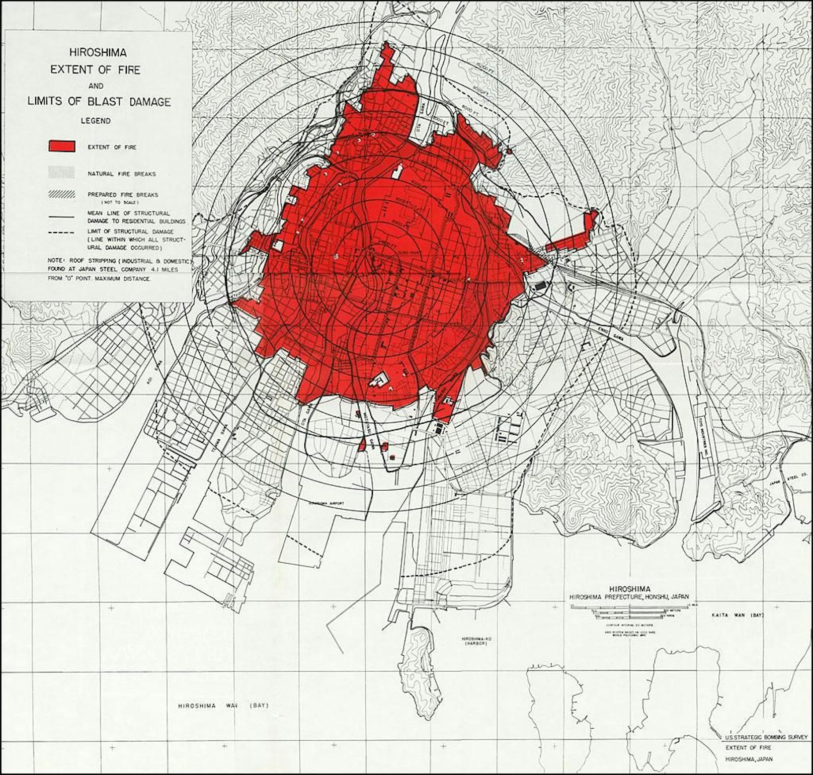 Ausmaß des Feuers und der Druckwelle in Hiroshima, 1945.
