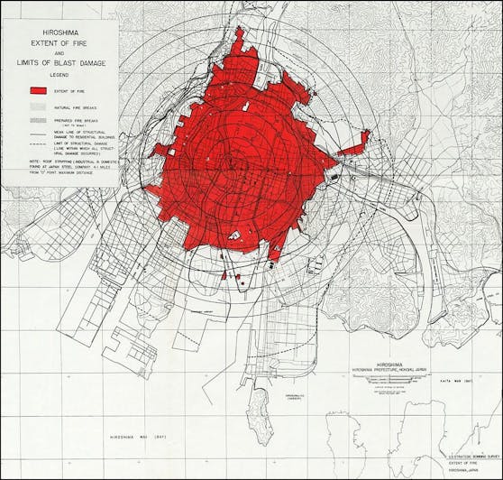 Ausmaß des Feuers und der Druckwelle in Hiroshima, 1945.
