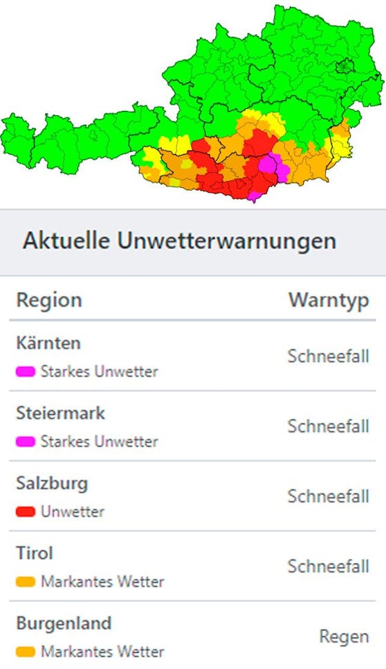Die aktuellen Unwetterwarnungen in Österreich. Stand 23. Jänner, 6.20 Uhr.