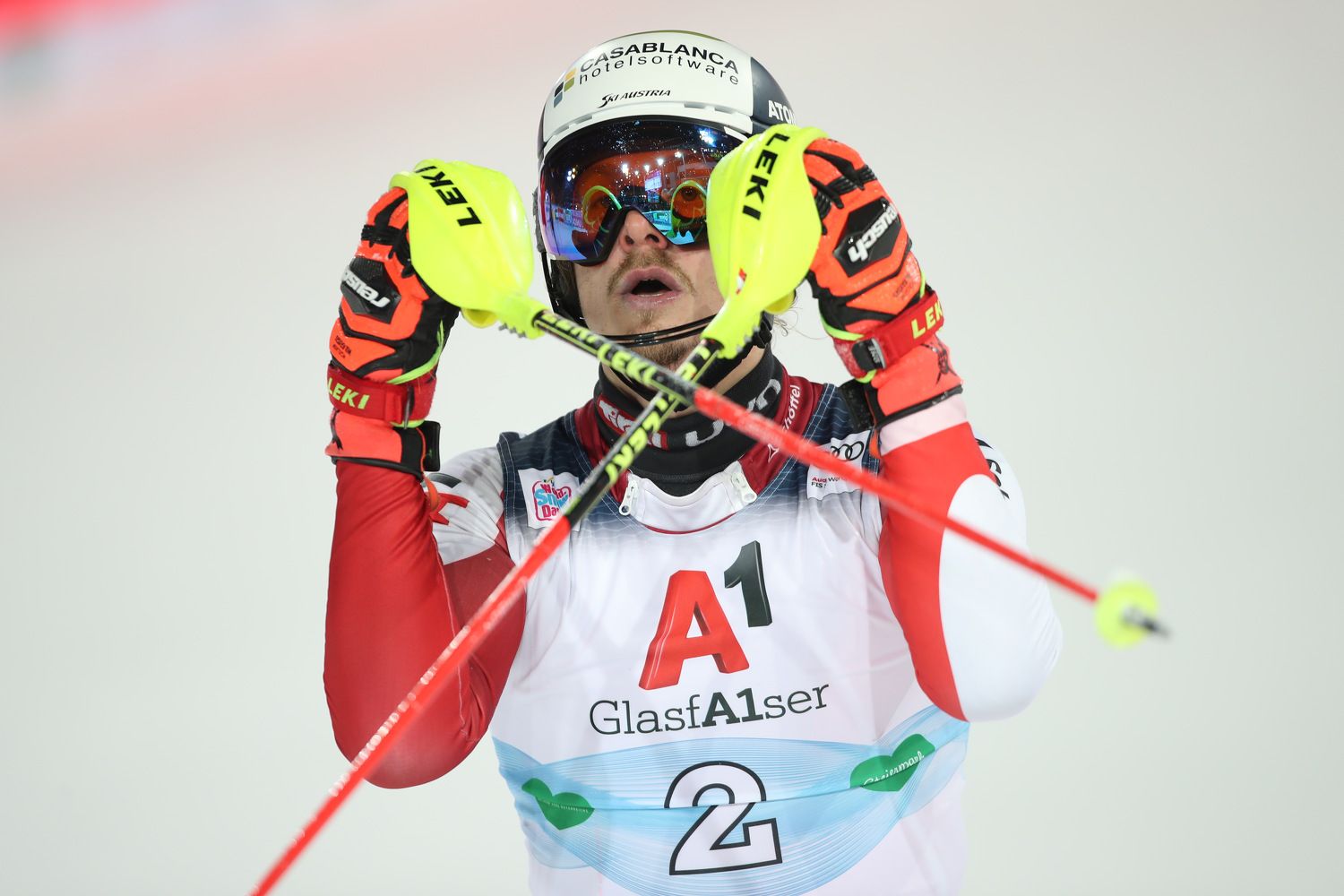 Manuel Feller nach der Zieldurchfahrt beim Night Race in Schladming. 