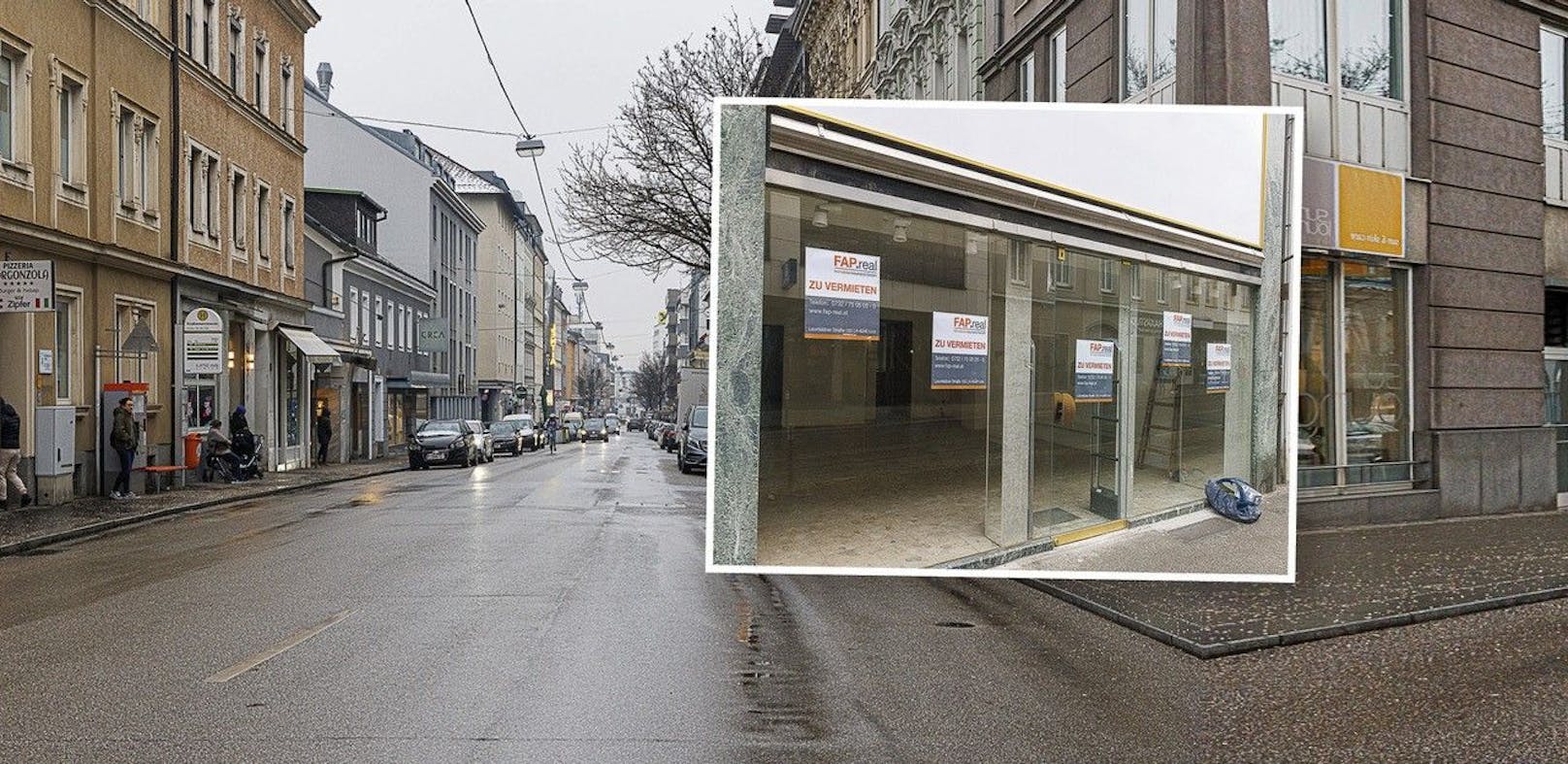 "Zu vermieten": Bei einem <em>"Heute"</em>-Rundgang in einer Linzer Einkaufsstraße wurden viele unbesetzte Lokale entdeckt.