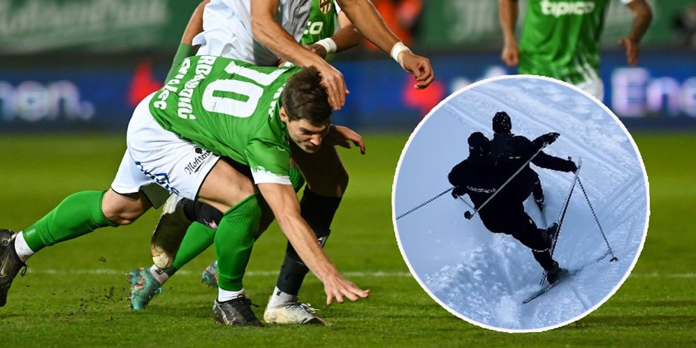 Stefano Surdanovic wird auf und abseits des Rasens gefoult. Rechts im Bild die Kollision mit Mitspieler Thorben Rhein beim Langlaufen.