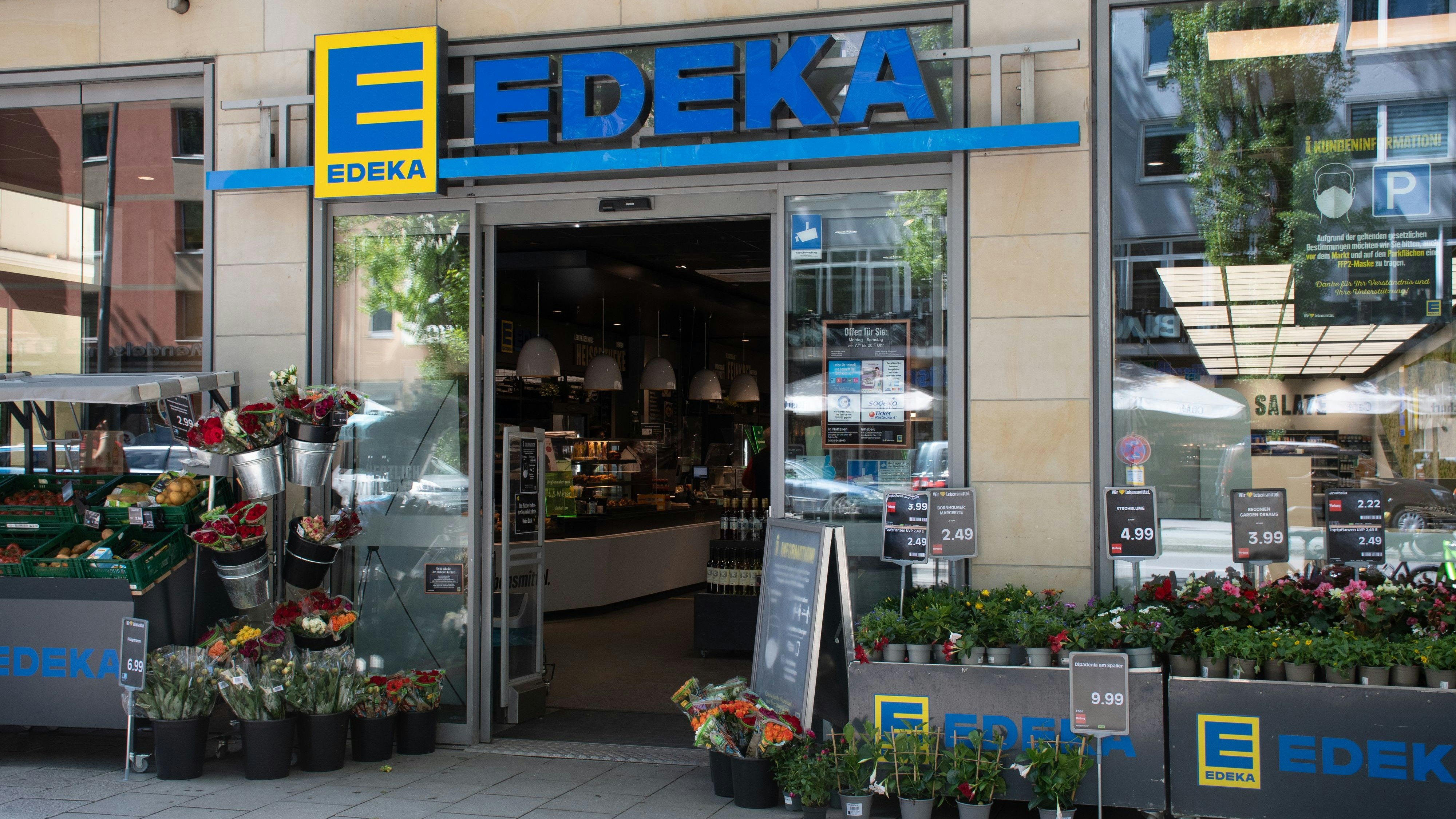 Munich, Germany - May 22, 2021: Entrance of an Edeka supermarket.