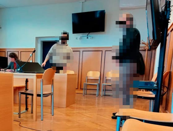Die beiden Angeklagten (Sohn und rechts der Vater) in Wr. Neustadt vor Gericht.