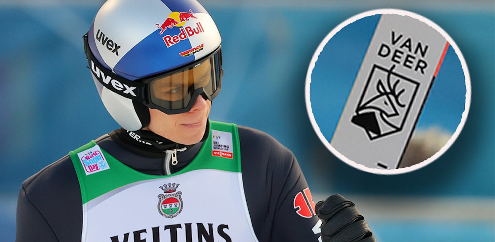 Andreas Wellinger hat das Logo von Marcel Hirschers Skimarke Van Deer auf seinen Skisprung-Skiern, allerdings mit abgeklebtem Bullen. 