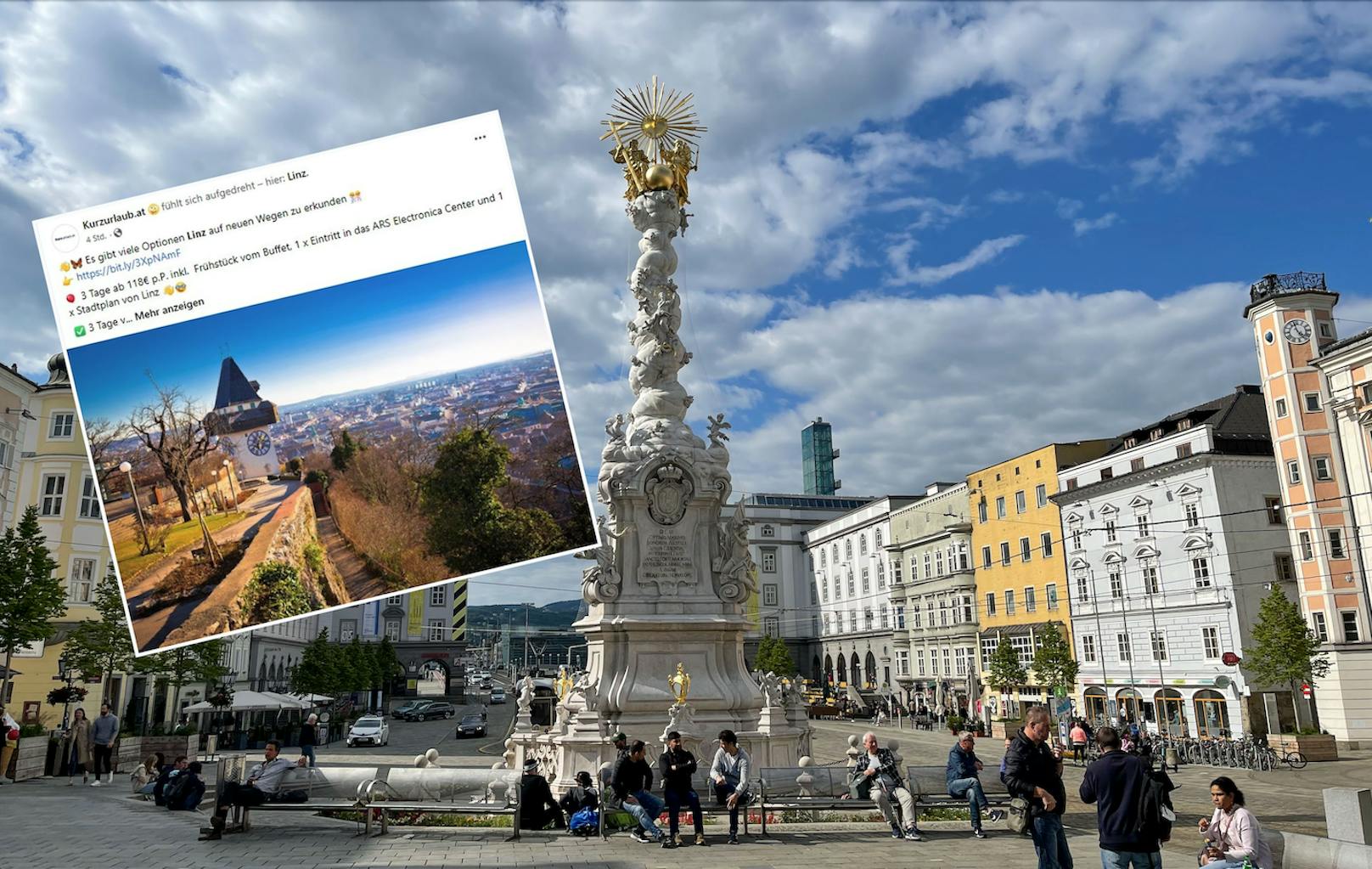 Mit Fotos vom Grazer Uhrturm bewarb das Unternehmen auf Facebook einen Kurzurlaub in Linz.