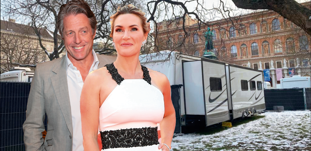 Kate Winslet und Hugh Grant drehen in Wien, am Schillerplatz in der City stehen die Wohnwägen für Crew und Cast.