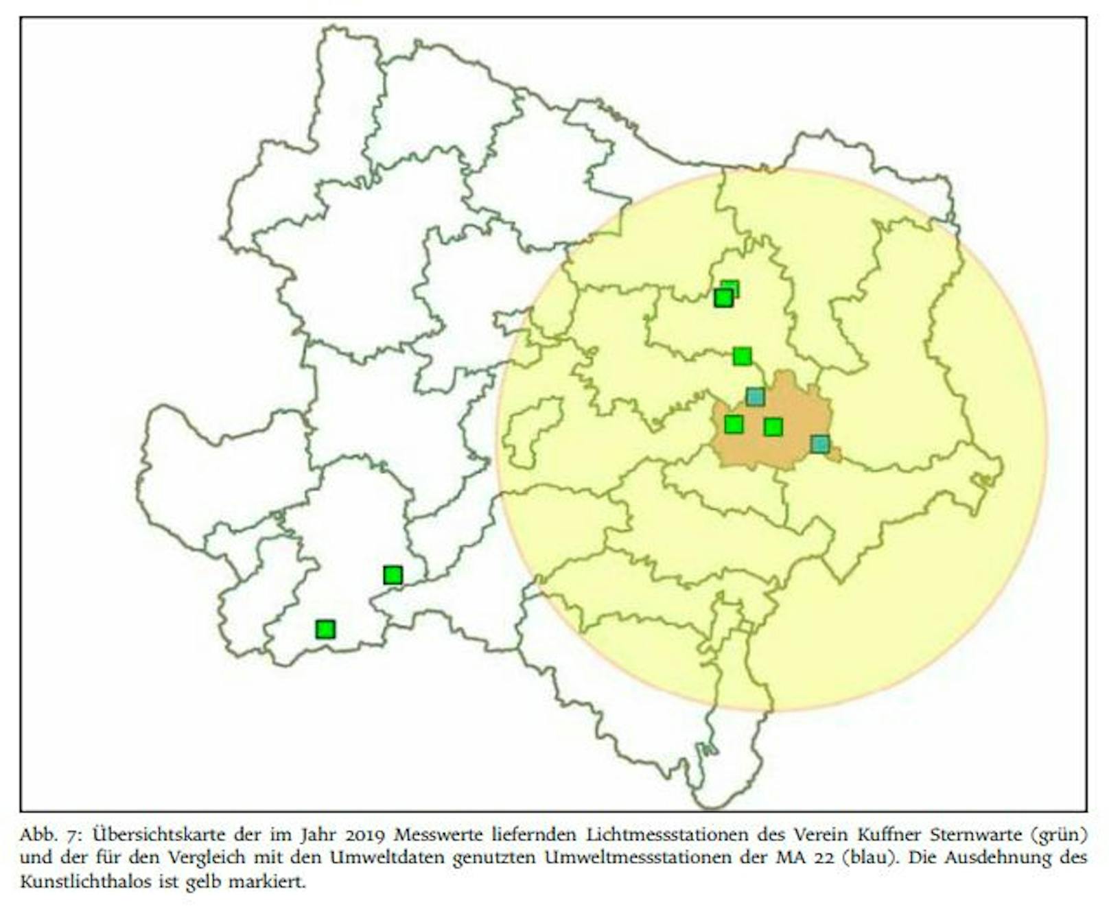 So weit reicht der sogenannte Kunstlichthalo – die Lichtkuppel Wiens – bis nach Niederösterreich und sogar die Staatsgrenze hinaus.