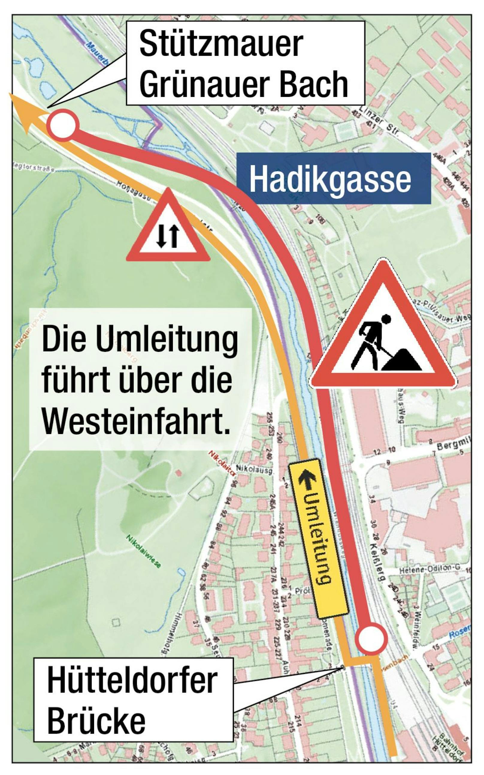 Die Westausfahrt wird auf 1,4 Kilometer gesperrt und auf die Westeinfahrt umgeleitet. Zwei stadteinwärts führende Spuren werden dafür "umgedreht".