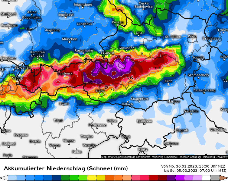 ICON-Modellkarte der erwarteten Neuschneehöhe zwischen Montag und Sonntag (5.2.).