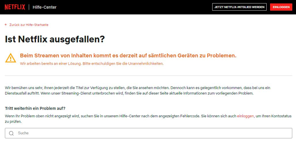 Netflix meldet auf seiner offiziellen Webseite eine massive Störung: "Auf sämtlichen Geräten kommt es zu Problemen."