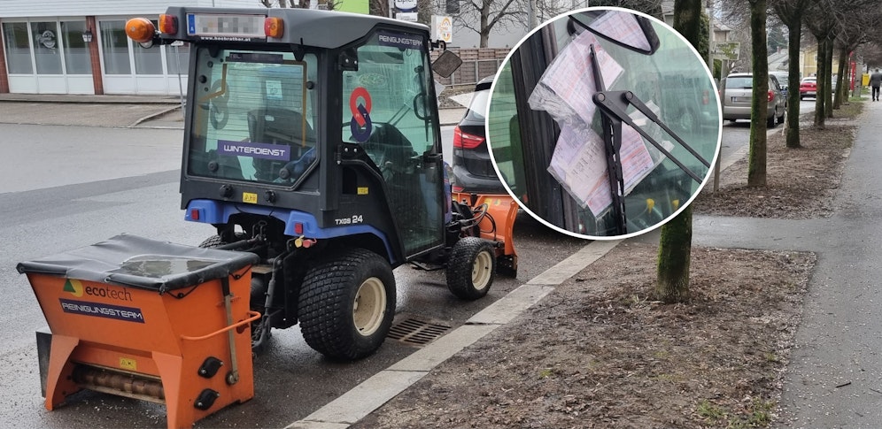 Bereits drei Strafzettel befinden sich auf der Windschutzscheibe eines Linzer Schneeräumfahrzeuges.