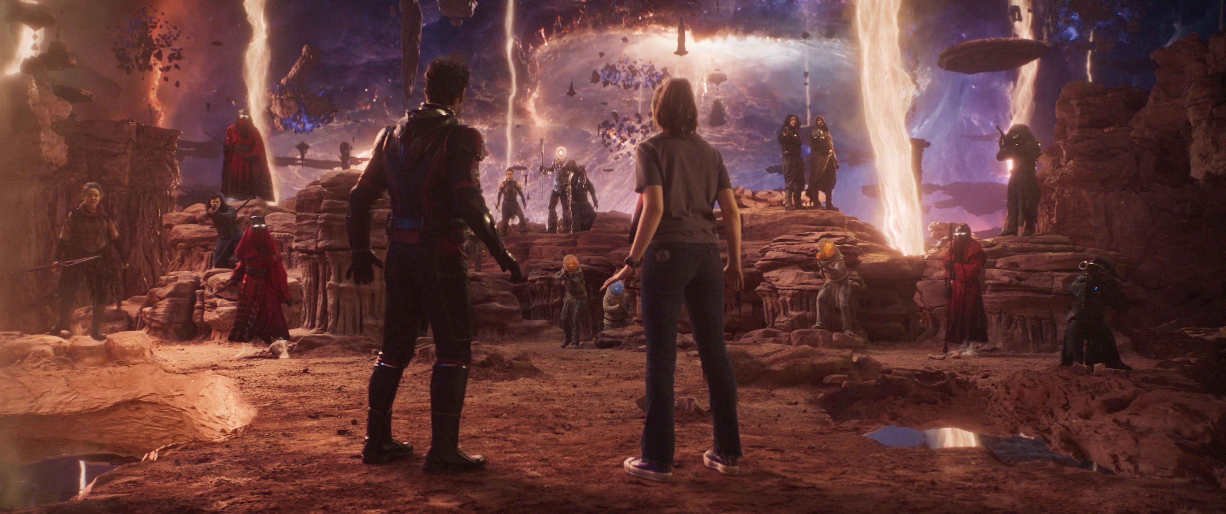 (L-R): Paul Rudd as Scott Lang/Ant-Man and Kathryn Newton as Cassandra "Cassie" Lang in Marvel Studios' ANT-MAN AND THE WASP: QUANTUMANIA. Photo courtesy of Marvel Studios. © 2022 MARVEL.