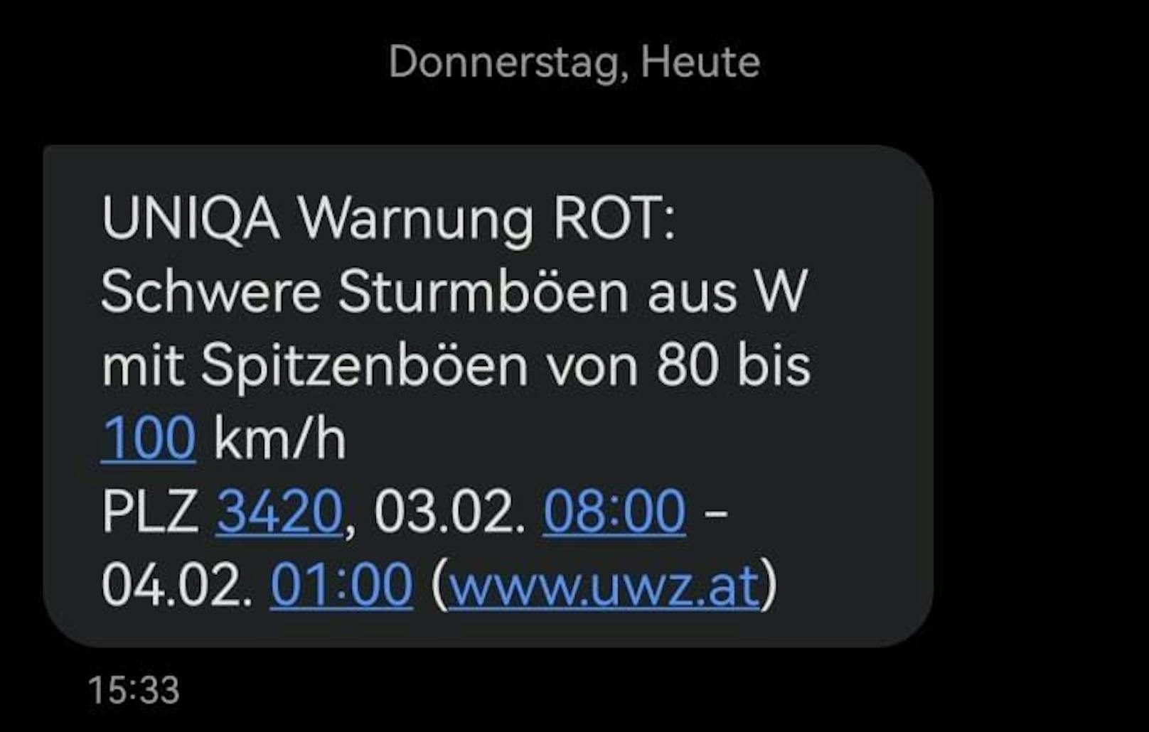 Sturmwarnung der UWZ für Klosterneuburg an der Wiener Stadtgrenze.