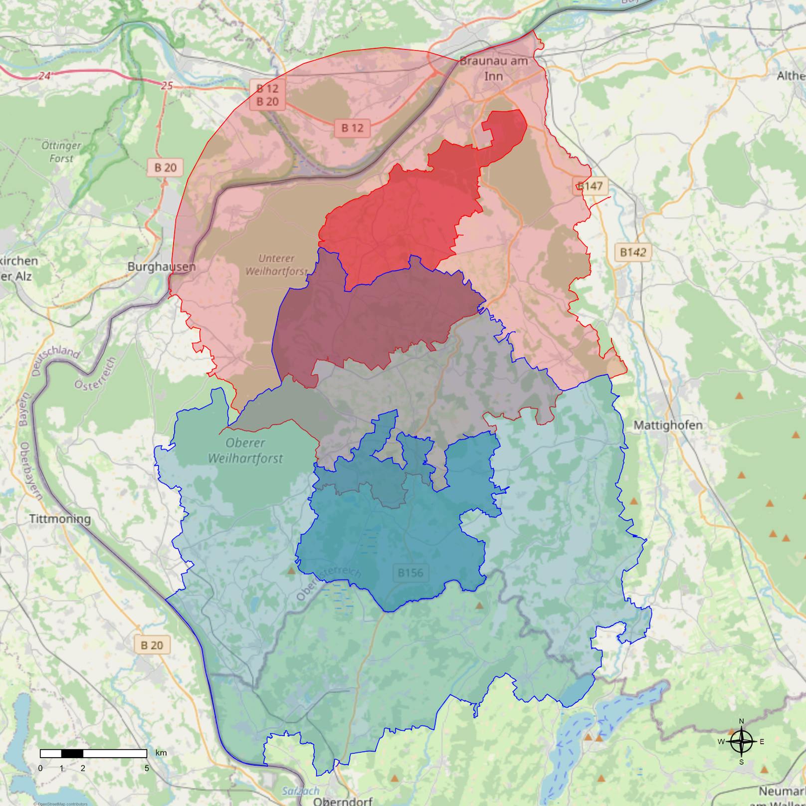 Die bestehende (blau) und die neu eingerichtete Zone (rot) überschneiden sich.
