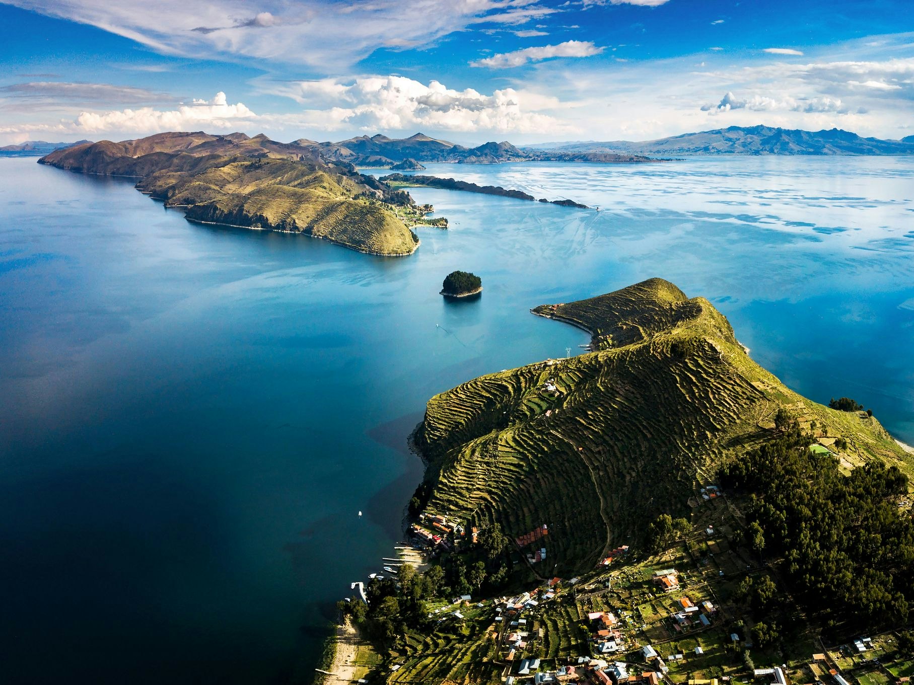 Island of the sun at lake Titicaca in Bolivia aerial panoramic view