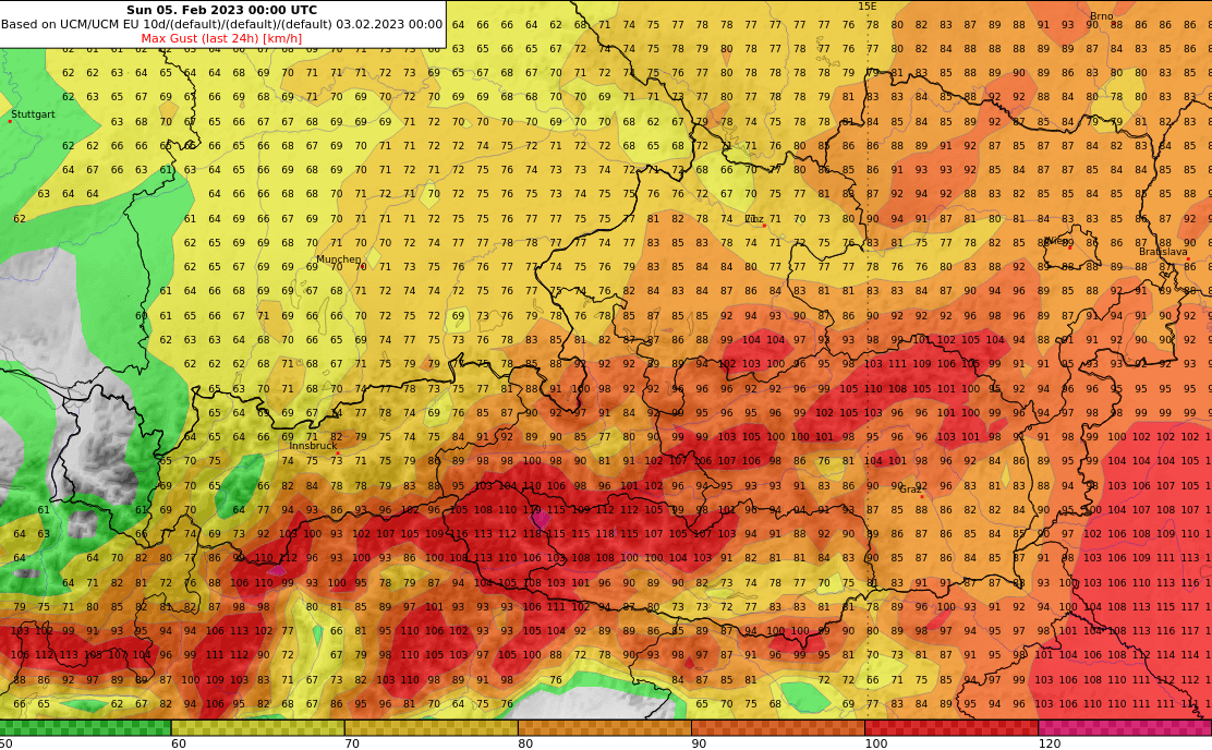 Prognose der Windspitzen am Samstag. 