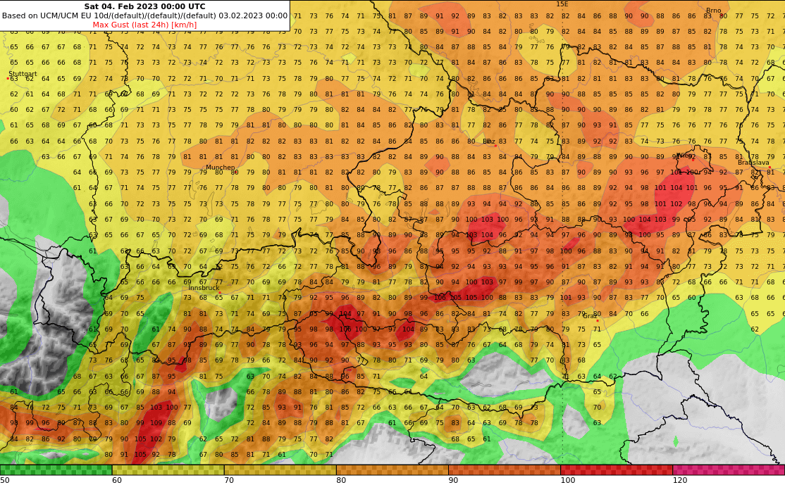 Prognose der Windspitzen am Freitag.