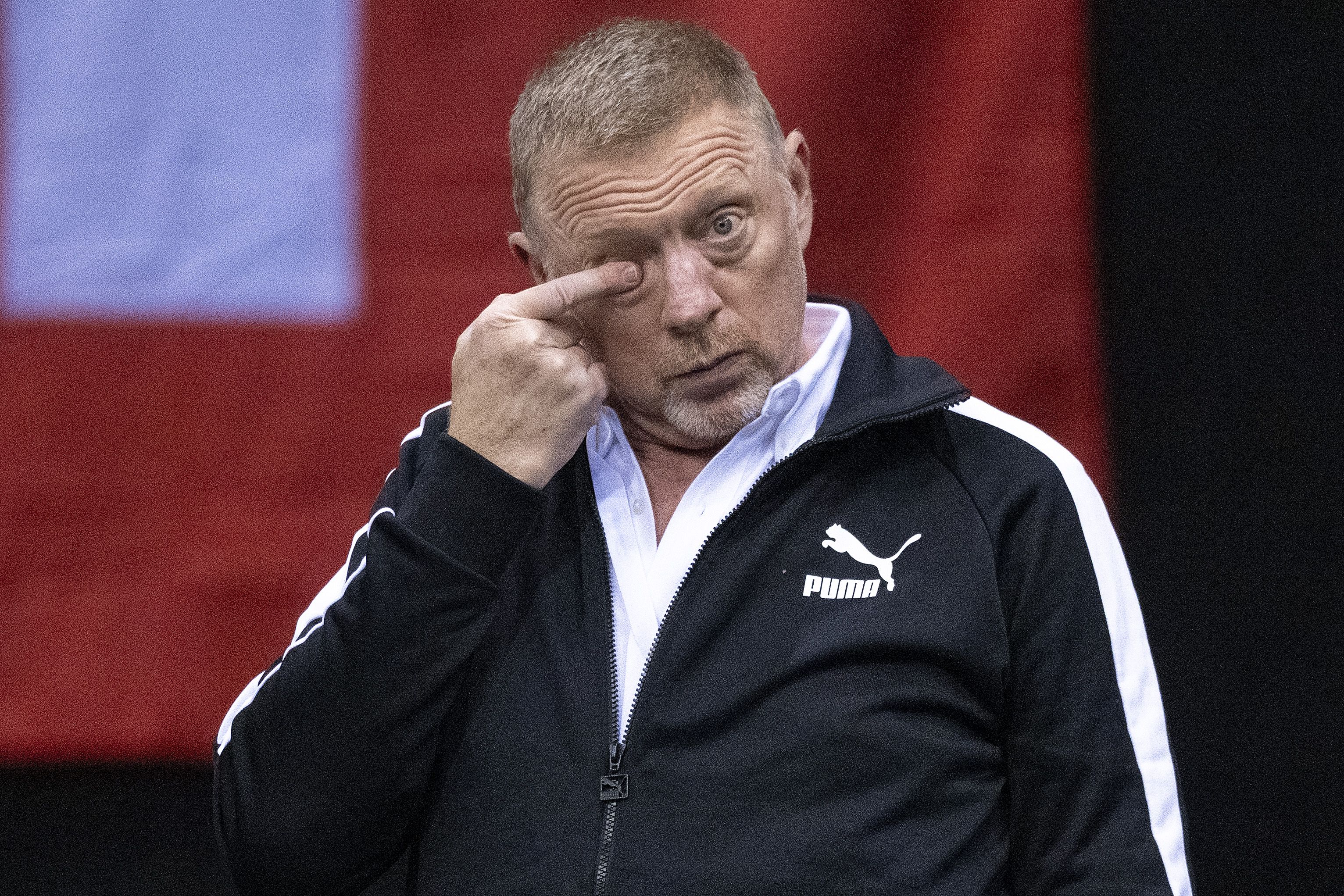 Download von www.picturedesk.com am 04.02.2023 (13:02).  Germany?s former tennis player Boris Becker reacts during the tennis Davis Cup qualifiers match for the 2023 group stage between Germany and Switzerland, on Friday, February 03, 2023, at the Arena in Trier, Germany. (KEYSTONE/Peter Schneider) - 20230203_PD5385 - Rechteinfo: Rights Managed (RM)