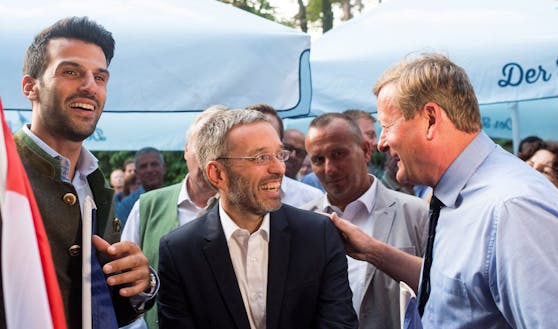 NÖ-FPÖ-Chef Udo Landbauer, FPÖ-Klubobmann Herbert Kickl und der blaue NÖ-Landesrat Gottfried Waldhäusl in Krems, 2019.