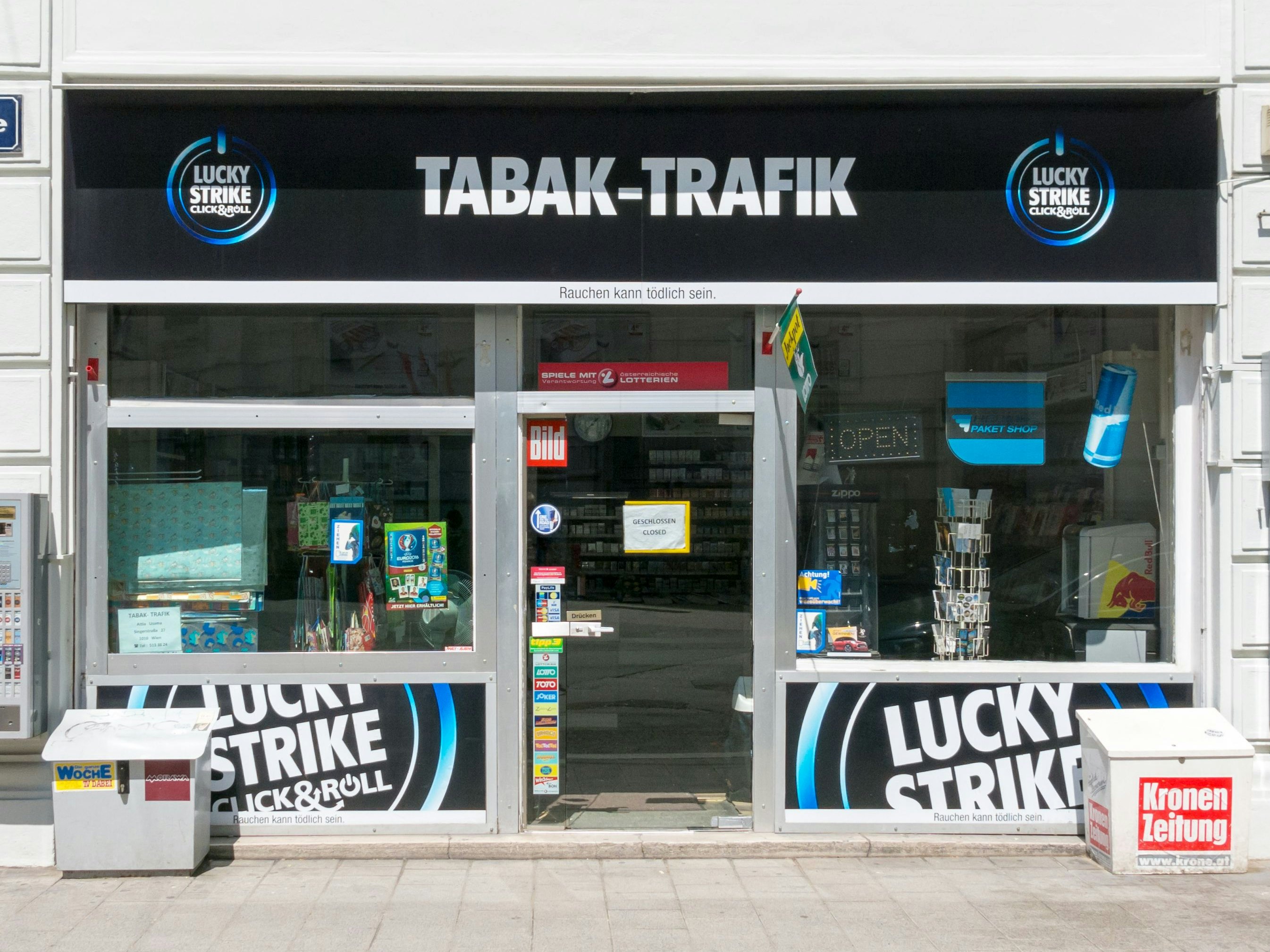 Vienna, Austria - May 26, 2016: Front of tobacco shop in the city centre of Vienna, Austria
