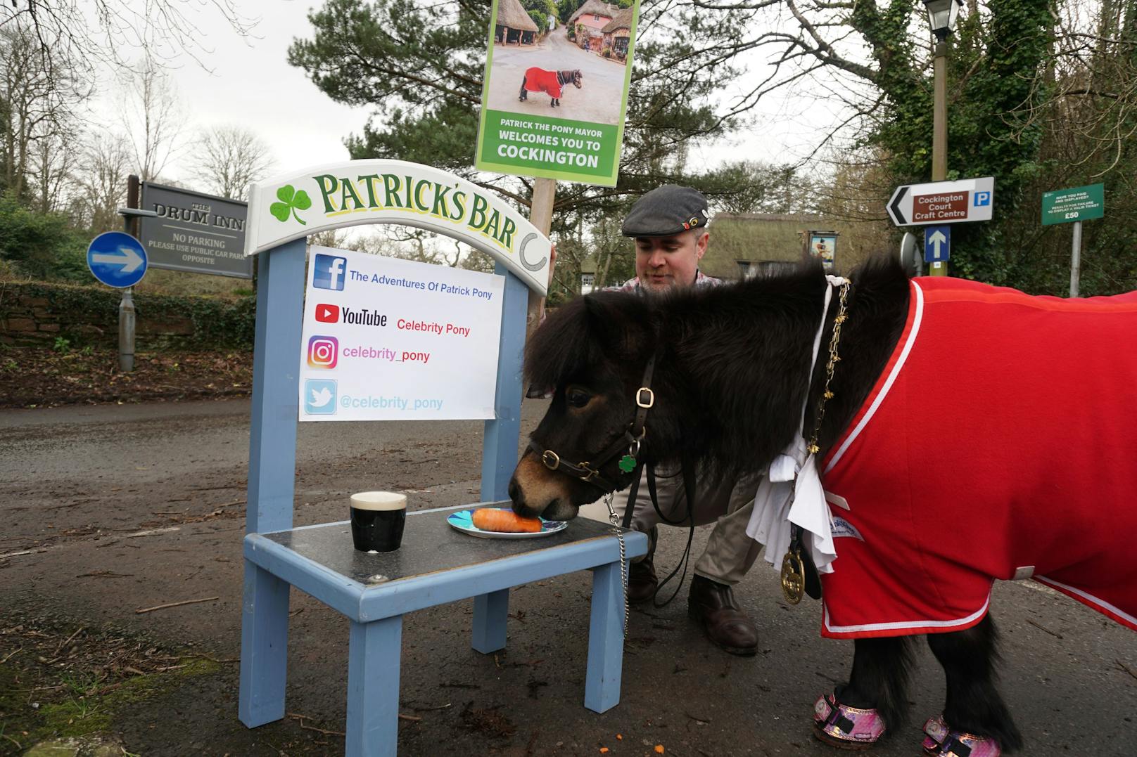 Nach seinem Spaziergang durch das Dorf frisst Bürgermeister Patrick eine Karotte und nimmt einen Schluck Guiness an seiner mobilen, hellblauen "Patrick's Bar" - seine Besitzer sind überzeugt, dass dies in Maßen gesund für Ponys ist.