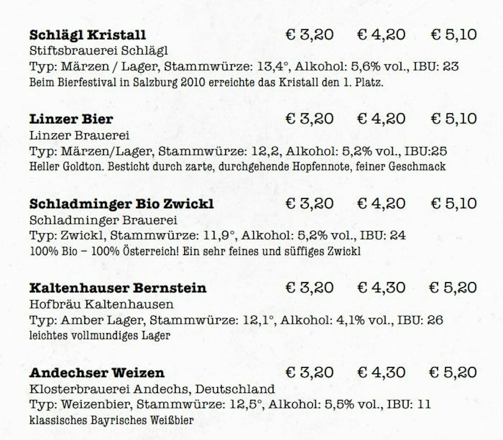Die Getränkekarte eines Linzer Innenstadt-Lokals zeigt: Kein Bier mehr unter 5 Euro.