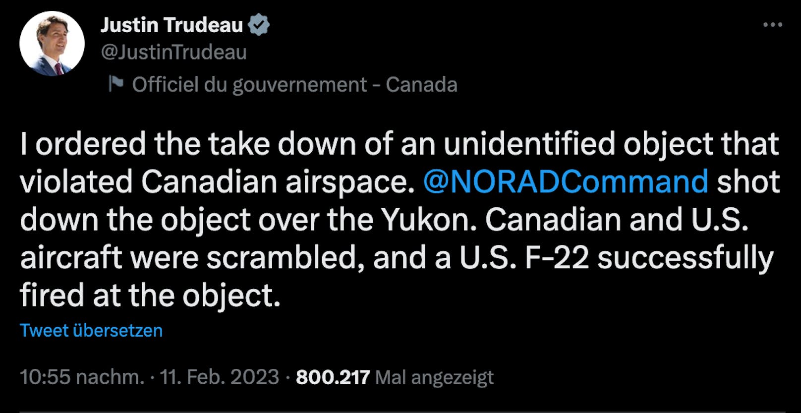 Justin Trudeau informierte via Twitter über den Vorfall.