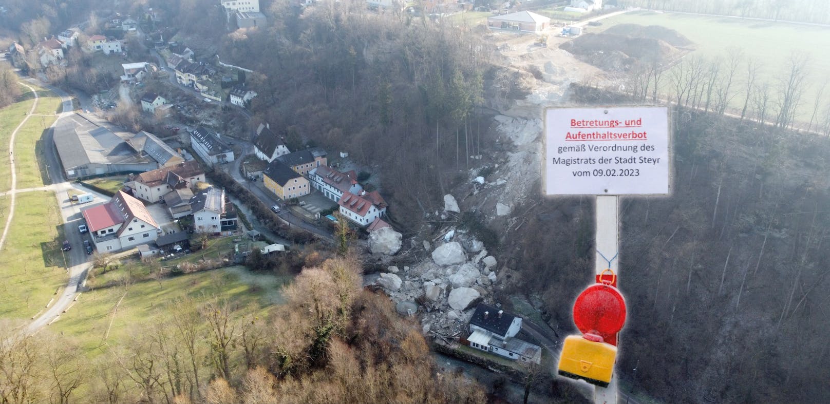 Aufgrund eines Felssturzes in Steyr, bei dem zwei Arbeiter tödlich verunglückten, wurde das Gebiet gesperrt.