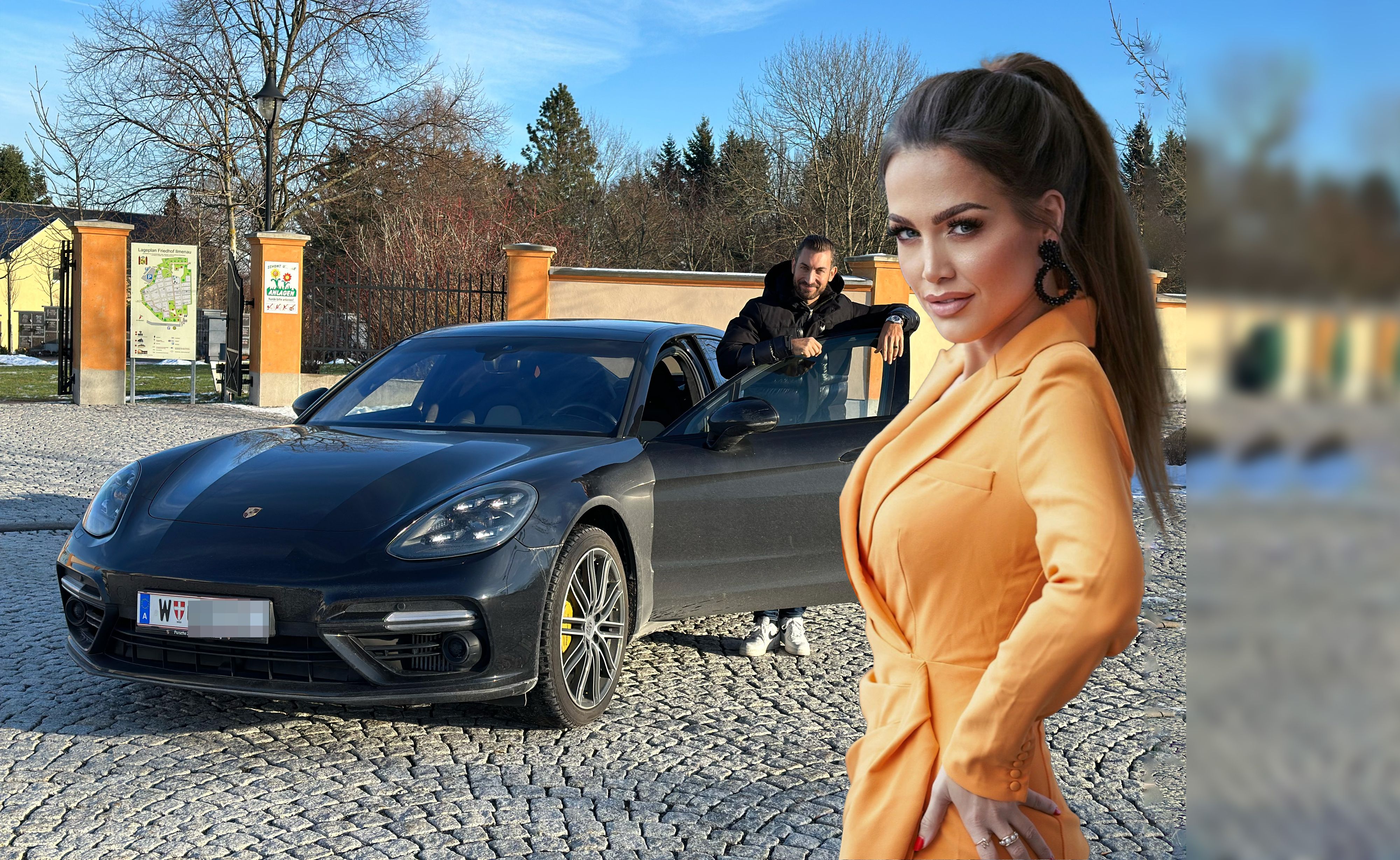 Der Porsche von Oscar Karem und der Moderatorin Diana König (r.) 
