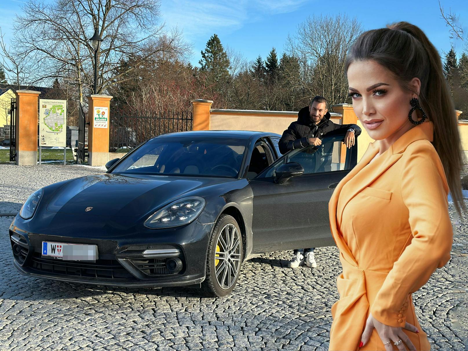 Der Porsche von Oscar Karem und der Moderatorin Diana König (r.) 