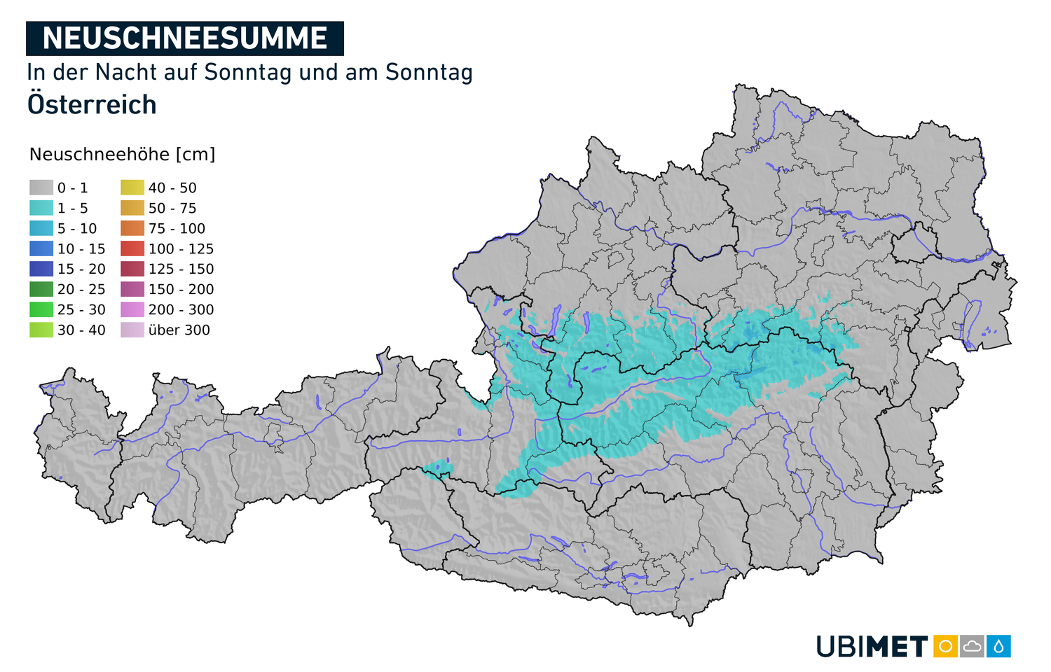 Neuschneesumme [cm] in der Nacht auf Sonntag und am Sonntag selbst 