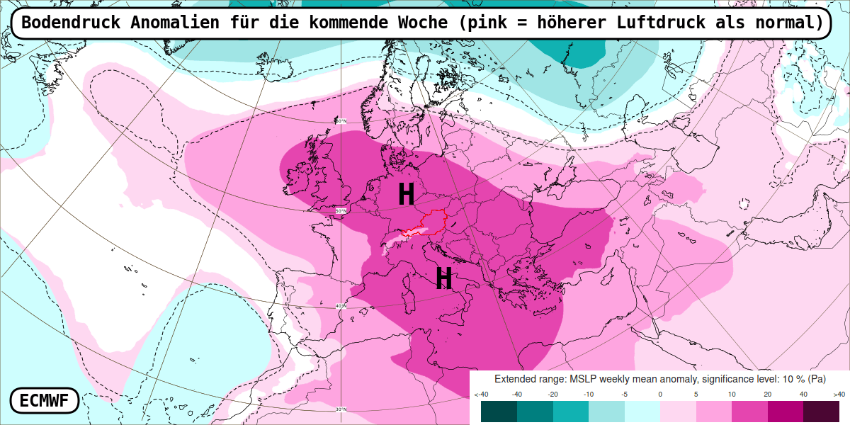 Bodendruck-Anomalien für die kommende Woche: Der Hochdruckeinfluss hat eindeutig die Oberhand